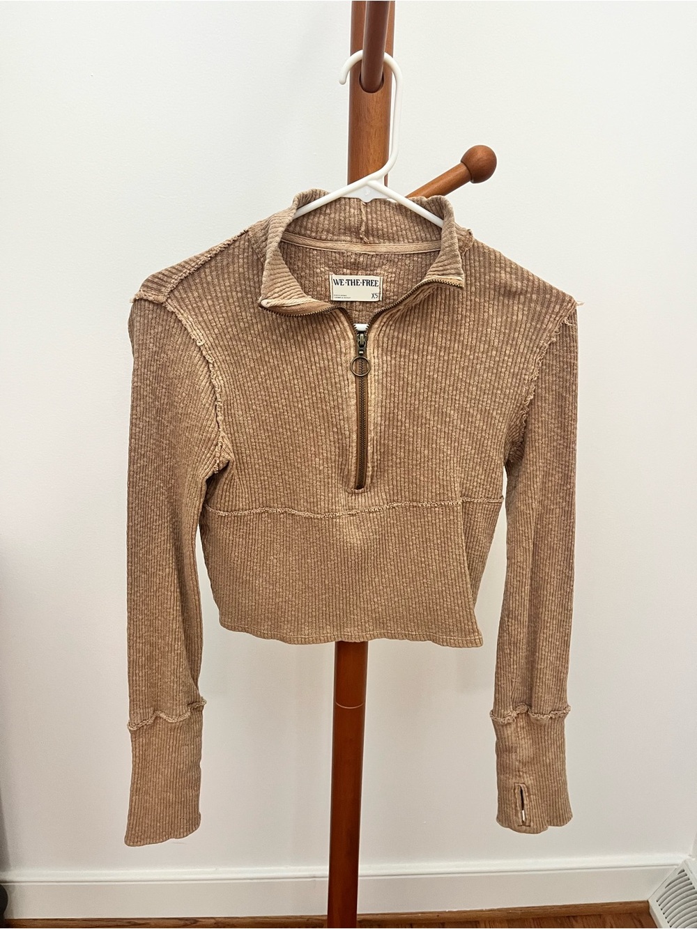 Free People Cropped Ribbed Half-Zip Top in Beige